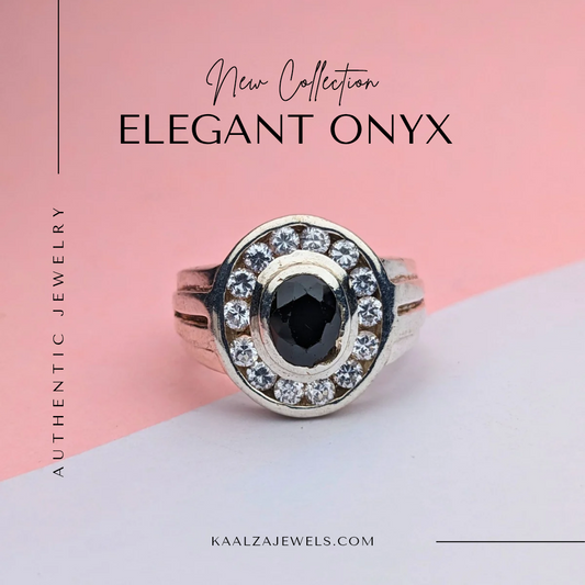 Exquisite Pure Silver Black Onyx and Zircon Ring - Buy Authentic Jewelry Online